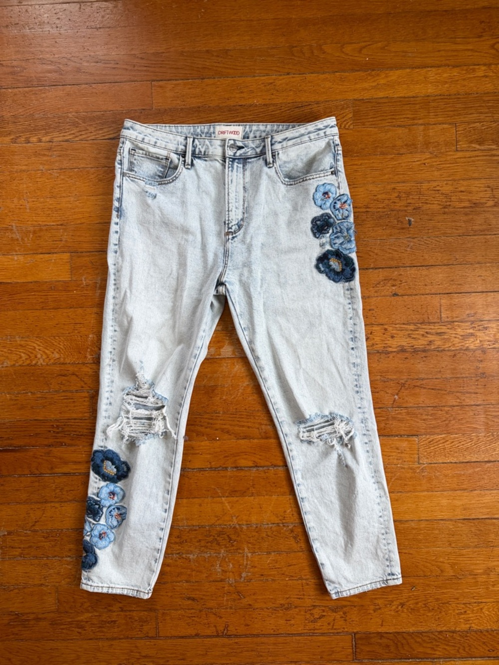 DRIFTWOOD Light Wash Boyfriend Jeans with Blue Floral Patches